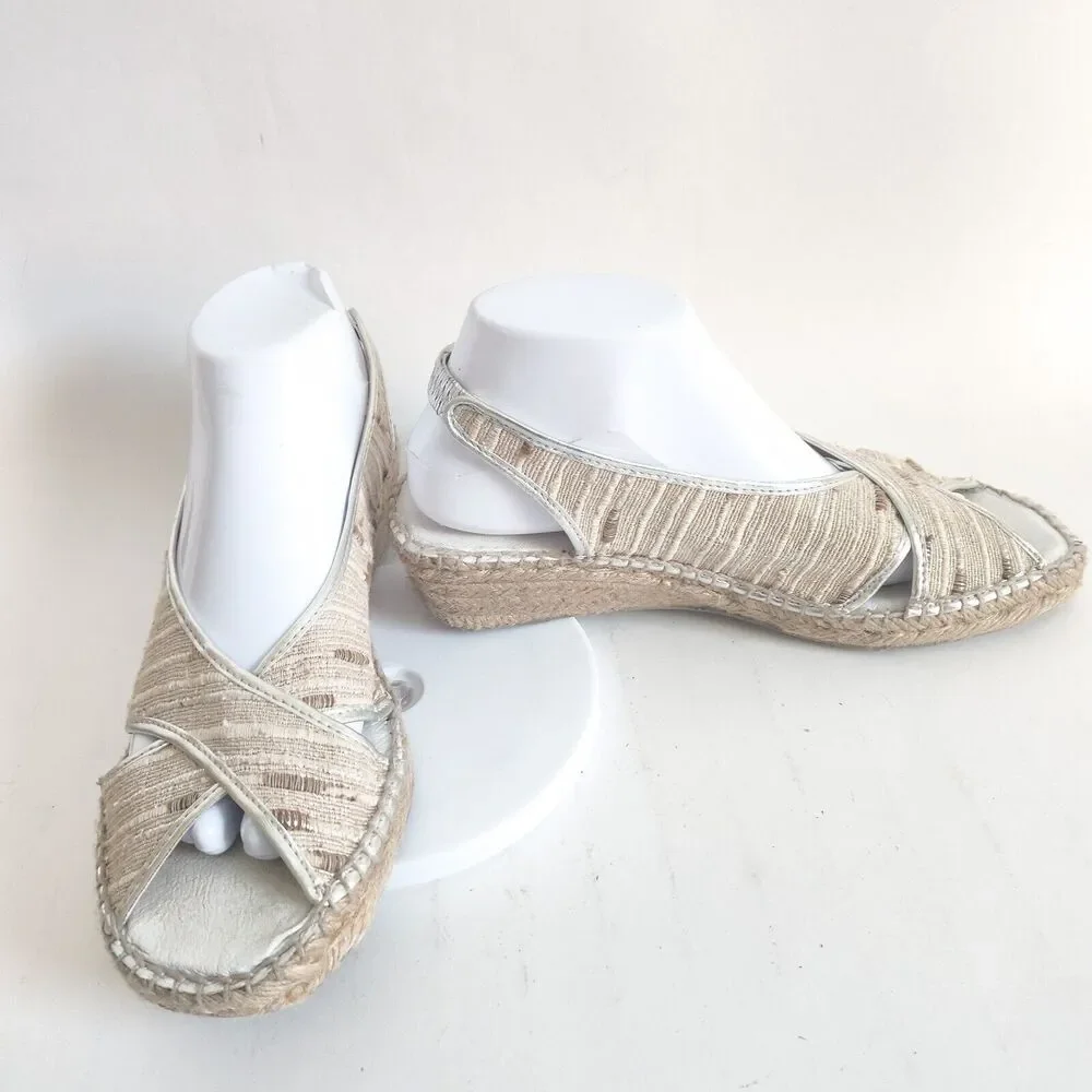 Andre Assous Espadrille Wedge Sandals Women's Size 10 Shoes Metallic Neutral Tan